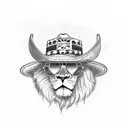 lion with cowboy hat wearing sunglasses with the union jack and american flag in the reflection tattoo design idea