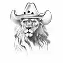 lion with cowboy hat wearing sunglasses with the union jack and american flag in the reflection tattoo design idea