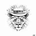 lion with cowboy hat wearing sunglasses with the union jack and american flag in the reflection tattoo design idea