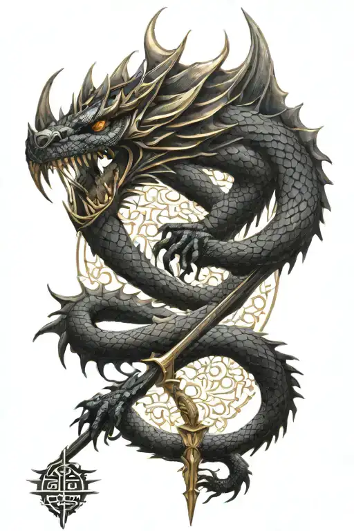 black dragon scale back ground, black and gold spear tattoo design idea