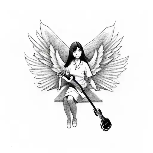 A nurse angel playing a guitar and sleeping on a cloud tattoo design idea