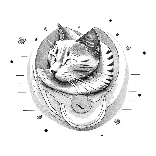 A cozy bedroom scene with Lana del Rey's lyrics written on the walls and a sleeping cat on the bed tattoo design idea