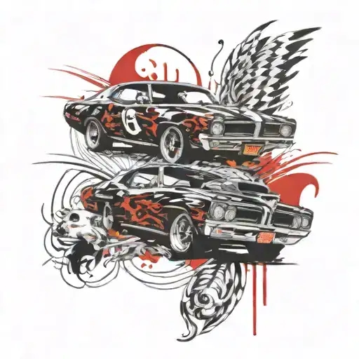 A traditional style tattoo of a vintage Pontiac GTO racing against a pack of dogs on a winding road tattoo design idea