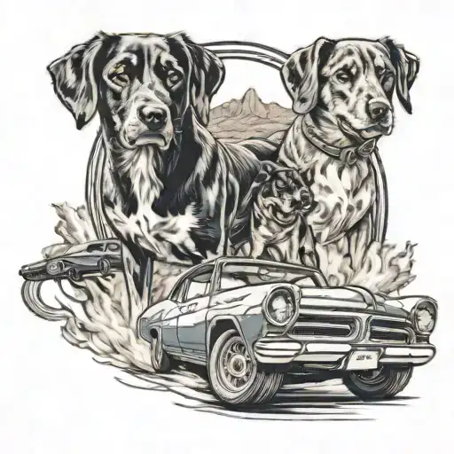 A traditional style tattoo of a vintage Pontiac GTO racing against a pack of dogs on a winding road tattoo design idea