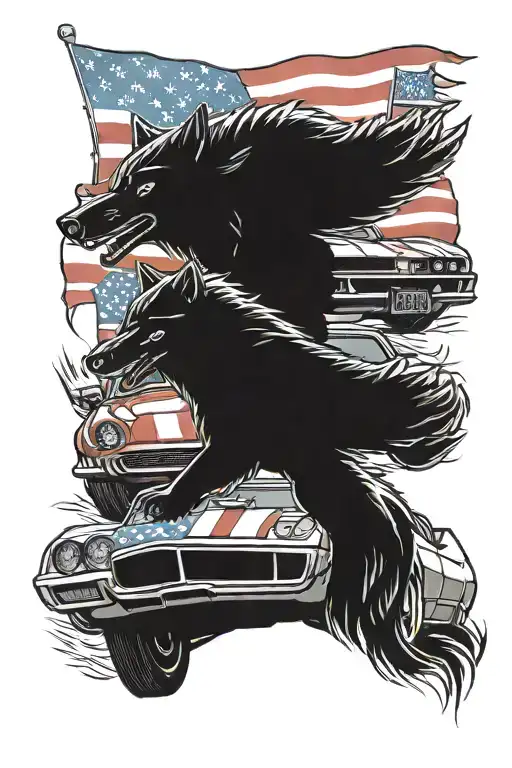 pontiac firebird and chevy corvette driving side by side with a pack of wolves following behind and an American flag tattoo design idea