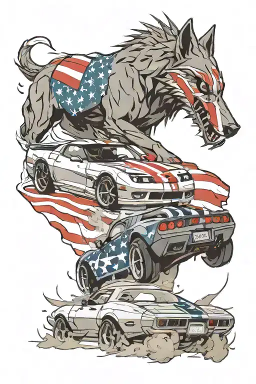 pontiac firebird and chevy c7 corvette driving side by side with a pack of wolves following behind and an American flag tattoo design idea