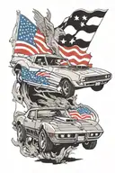 pontiac firebird and chevy c7 corvette driving side by side with a pack of wolves following behind and an American flag tattoo design idea