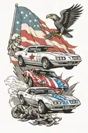 pontiac firebird and chevy c7 corvette driving side by side with a pack of wolves following behind and an American flag tattoo design idea