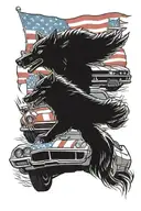 pontiac firebird and chevy corvette driving side by side with a pack of wolves following behind and an American flag tattoo design idea