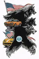 pontiac firebird and chevy corvette driving side by side with a pack of wolves following behind and an American flag tattoo design idea