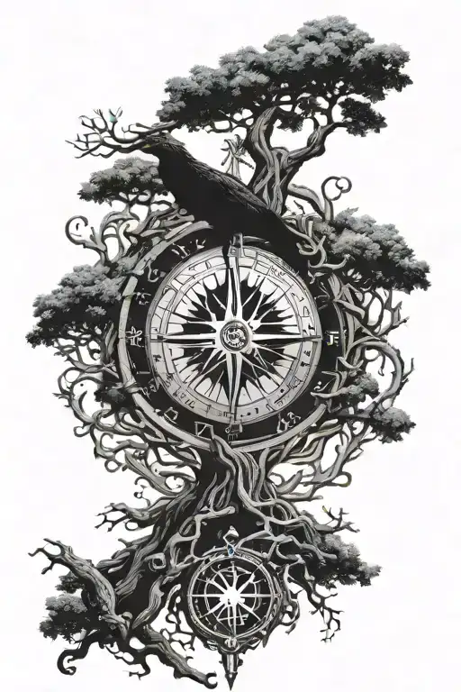 Yggdrasil with an Icelandic viking compass in the stem and Huginn & Munin sitting in the tree top tattoo design idea