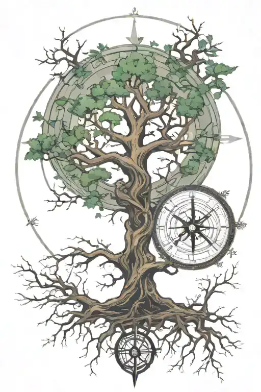 Yggdrasil with an Icelandic viking compass in the stem and Huginn & Munin sitting in the tree top tattoo design idea