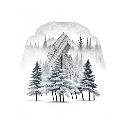 forest sleeve with cabin tattoo design idea
