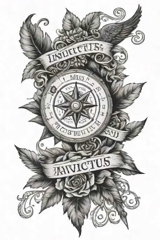An intricate compass design with a quote from the poem 'Invictus' by William Ernest Henley, surrounded by a wreath of family portraits tattoo design idea
