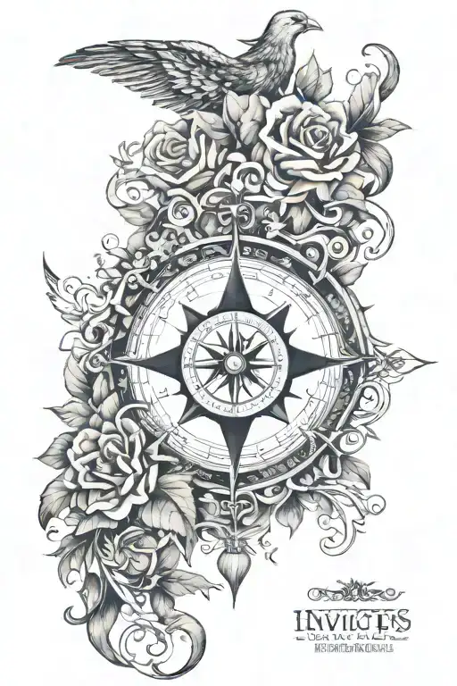 An intricate compass design with a quote from the poem 'Invictus' by William Ernest Henley, surrounded by a wreath of family portraits tattoo design idea
