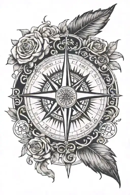 An intricate compass design with a quote from the poem 'Invictus' by William Ernest Henley, surrounded by a wreath of family portraits tattoo design idea
