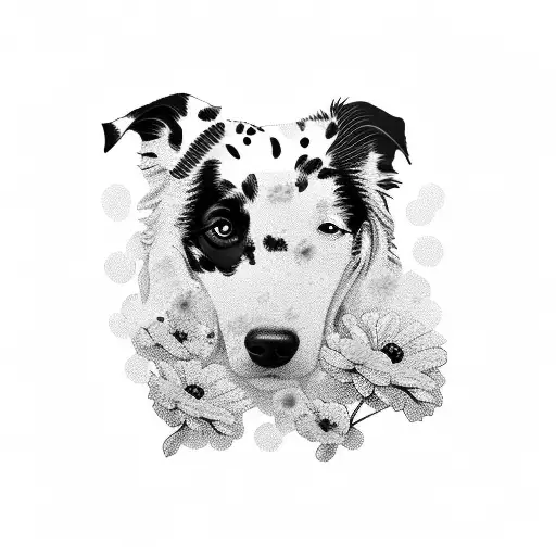 A stack of books with a Dalmatian and a Bordercollie sitting on top, surrounded by pink flowers tattoo design idea