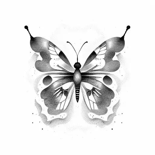 A minimalist butterfly silhouette with a hidden 'H' incorporated into its shape in a dotwork style tattoo design idea