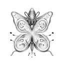 A minimalist butterfly silhouette with a hidden 'H' incorporated into its shape in a dotwork style tattoo design idea