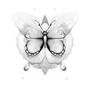 A minimalist butterfly silhouette with a hidden 'H' incorporated into its shape in a dotwork style tattoo design idea