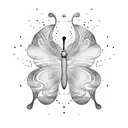 A minimalist butterfly silhouette with a hidden 'H' incorporated into its shape in a dotwork style tattoo design idea