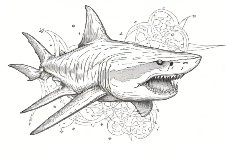 realistic calm tiger shark with star details tattoo design idea