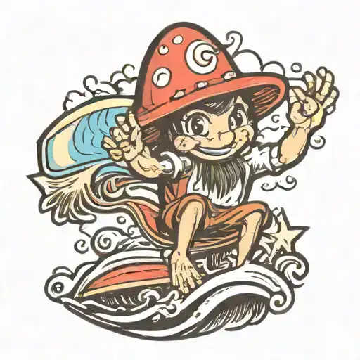 mushroom surfing doing the shaka sign tattoo design idea