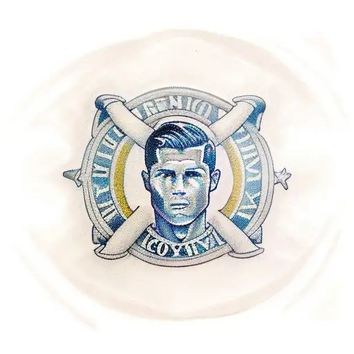 the lettering "XIII" and above that a picture of christiano ronaldo wearing a Roman legionary uniform  tattoo design idea