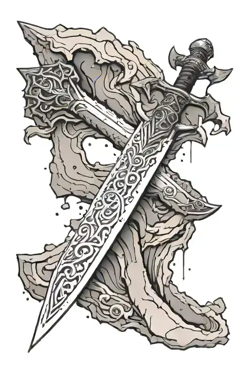 a simple english long sword from skyrim wrapped in dova ruins tattoo design idea