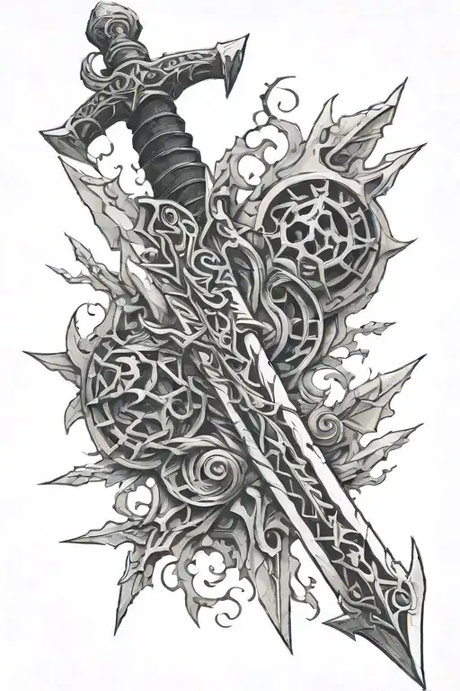 the dawn breaker sword from skyrim wrapped in dova ruins tattoo design idea