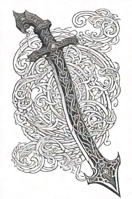 the dawn breaker sword from skyrim wrapped in wind essence tattoo design idea