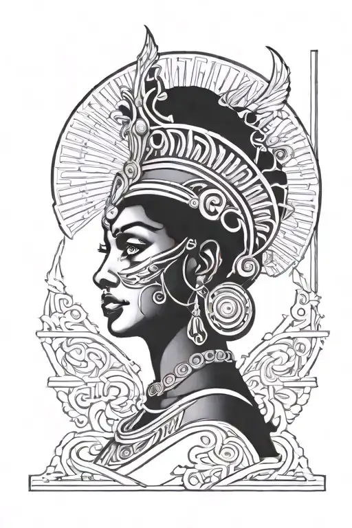 A tattoo design of the black  Greek goddess Athena in a blackwork style face foward  tattoo design idea