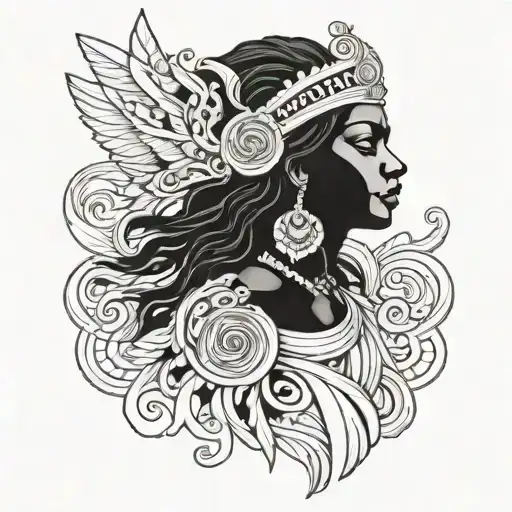 A tattoo design of the black  Greek goddess Athena in a blackwork style tattoo design idea