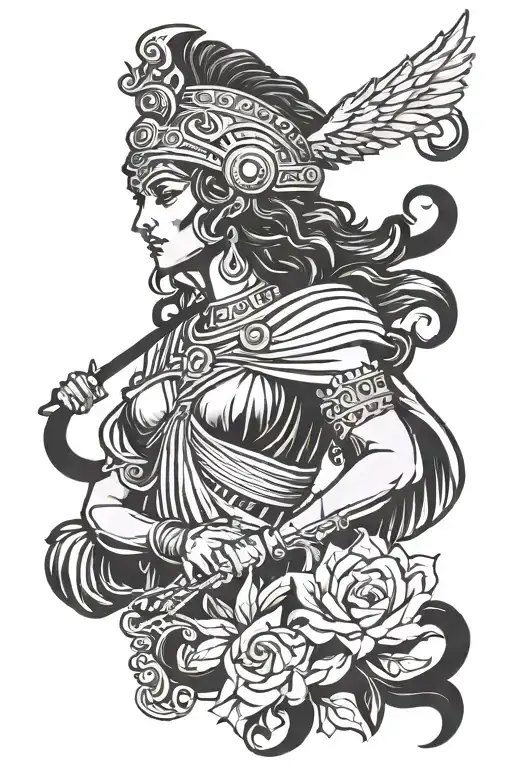 A tattoo design of the black  Greek goddess Athena in a blackwork style tattoo design idea