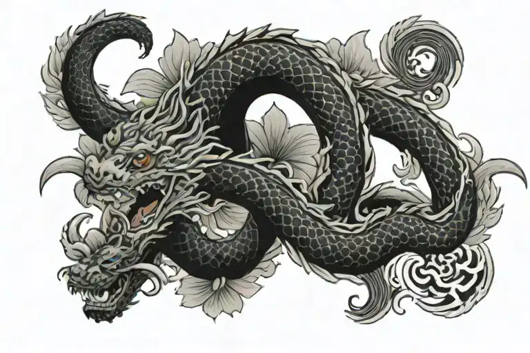 band with black Japanese wave with dragon and lotus flower tattoo design idea