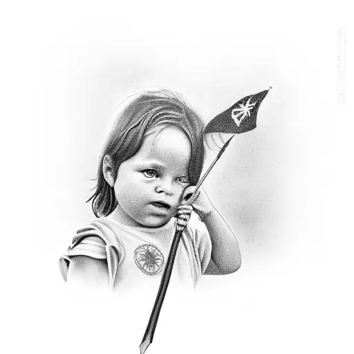 child holding a red flag tattoo design idea