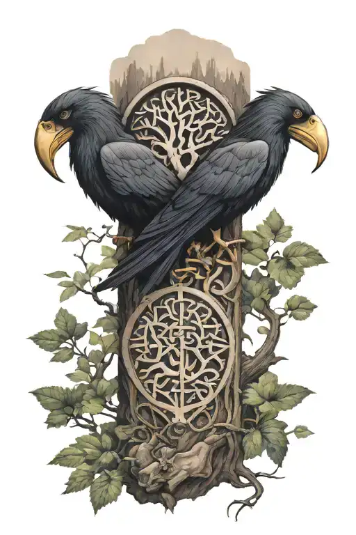 "Forearm tattoo with two Viking/Celtic figures on a forest path, Celtic knots, Nordic runes (Algiz), Yggdrasil, ravens tattoo design idea