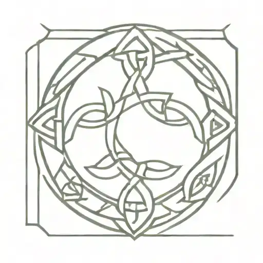 A tattoo design combining geometric shapes similar to Celtic knot work and runes, representing victory in combat tattoo design idea
