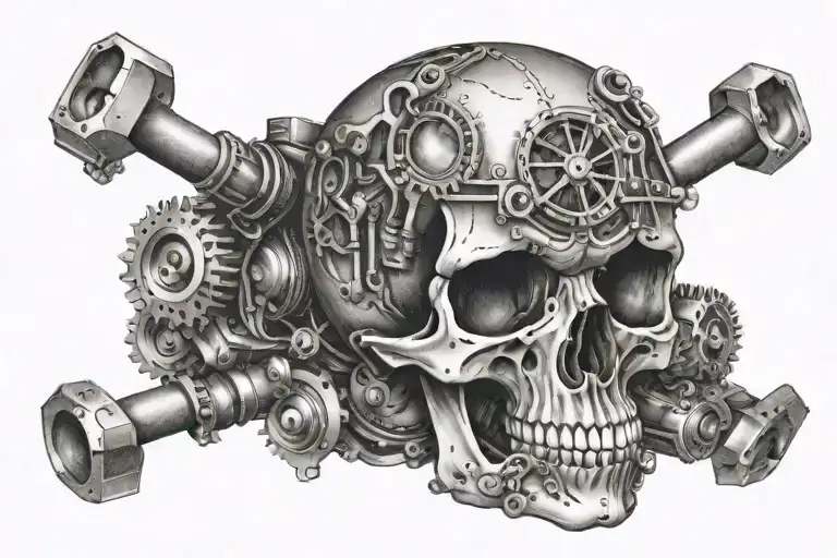 A tattoo of a skull with car engine parts incorporated into the design tattoo design idea