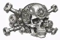 A tattoo of a skull with car engine parts incorporated into the design tattoo design idea