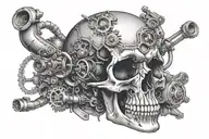 A tattoo of a skull with car engine parts incorporated into the design tattoo design idea