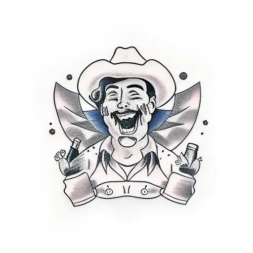cowboy laughing with a bottle of wine tattoo design idea