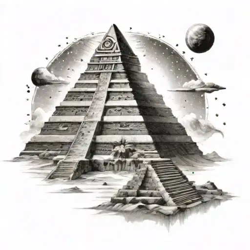 An otherworldly scene of an Aztec pyramid reaching towards the stars tattoo design idea