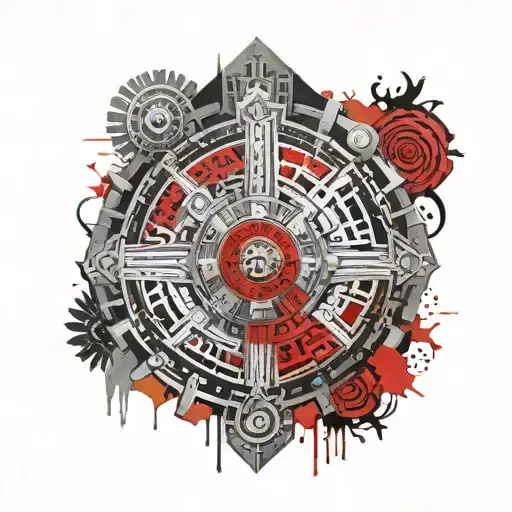 A traditional Aztec calendar with a metallic twist representing engineering tattoo design idea