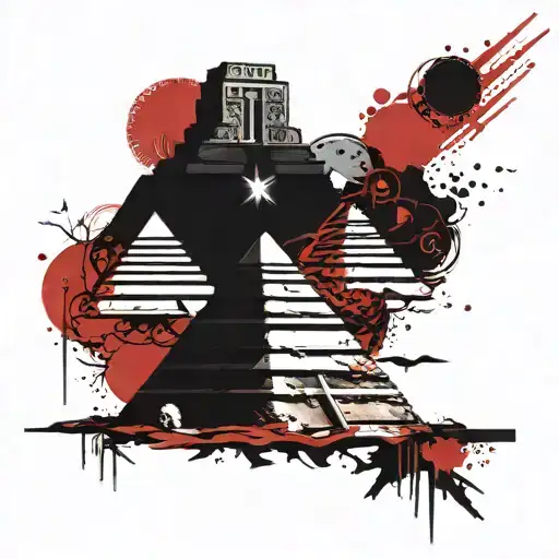 An otherworldly scene of an Aztec pyramid reaching towards the stars tattoo design idea