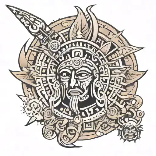A metal-inspired design featuring Aztec gods and celestial elements tattoo design idea