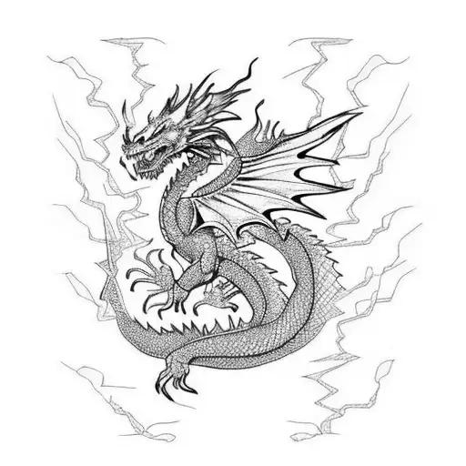 fire dragon lightning thunderstorm tattoo design idea
