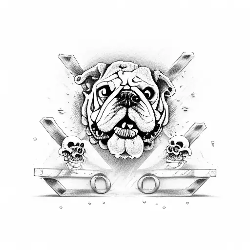Bulldog skeleton barking behind gates of hell tattoo design idea