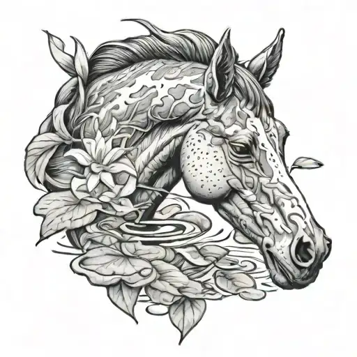 kelpie horse in water with lily pads around it tattoo design idea