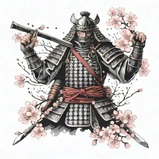 A detailed and realistic portrait of a Japanese samurai warrior in full armor, with cherry blossom petals falling around them tattoo design idea
